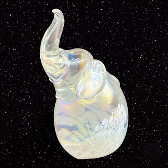 Art Glass Elephant Paperweight Figure Iridescent White Spotted 3.5”T 2.5”W - Picture 3 of 9